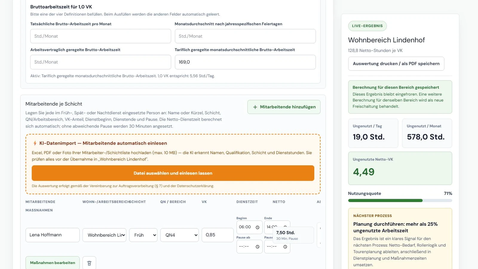 Live-Ergebnis der Ablaufanalyse mit gebundener und rechnerisch offener Arbeitszeit eines Wohnbereichs